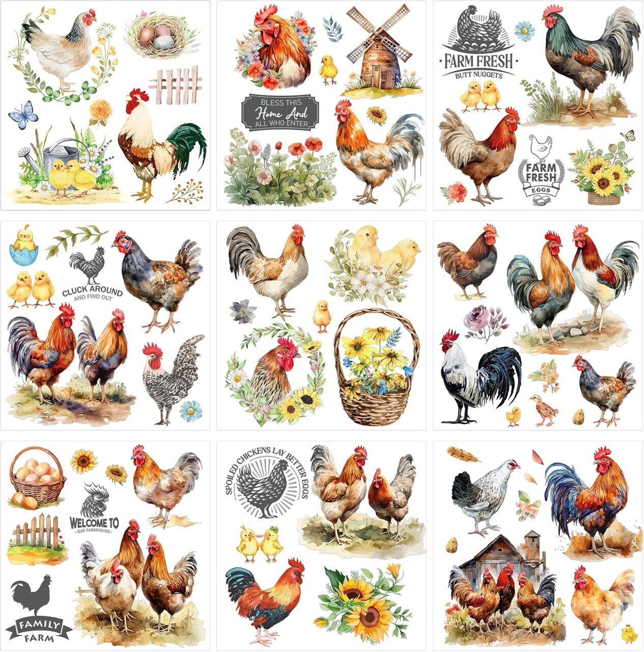 9 Pcs Roosters Rub on Transfer for Crafts Decals (Roosters) 6.5 inches x 6.5 inches